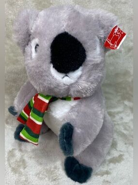 Koala With Christmas Striped Scarf Plush Stuffed Toy Holiday Gray